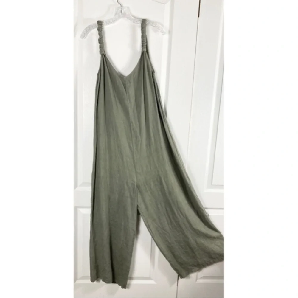 nwot BEACHWOOD BABY Jumpsuit One-Size Linen ITALY Olive Oversized Wide RuchStrap - Picture 2 of 11